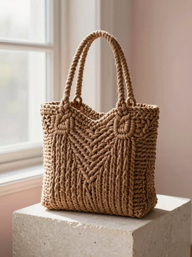 Structured macramé handbag in warm brown cotton cord resting on a minimalist stone block, soft morning window light, tactile textures