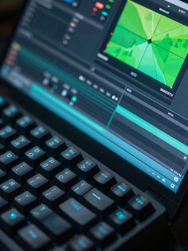 Macro top-down shot of a dark-mode video editing interface, cyan and neon green screen glow reflecting off a mechanical keyboard, hyper-precise layout lines.