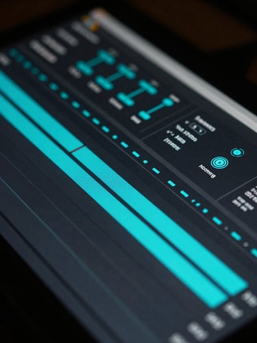 Macro shot of a dark editing bay, glowing cyan UI elements of a custom video plugin, frame-accurate timeline markers, sharp focus, low-key lighting