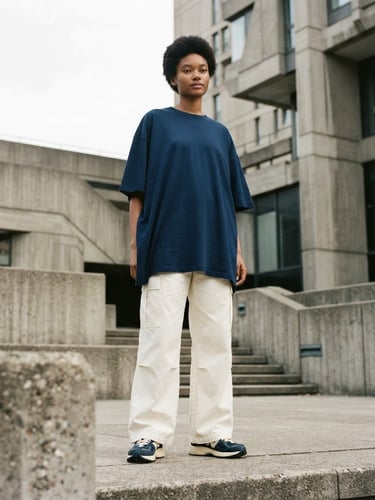 Low-angle medium shot of a model wearing a deep navy oversized t-shirt in an urban architectural setting, soft overcast daylight, emphasizing the garment's silhouette and heavy drape, cream and navy tones.