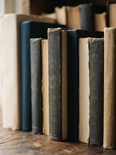 Close-up of printed book spines stacked vertically on a wooden shelf, soft diffused natural window light, warm cream and deep ink tones, macro lens, shallow depth of field.