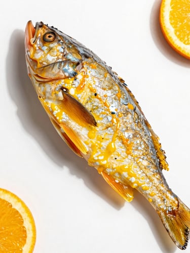 Overhead flat-lay of vibrant citrus-cured snapper, crisp natural daylight, sharp macro focus, clean white background