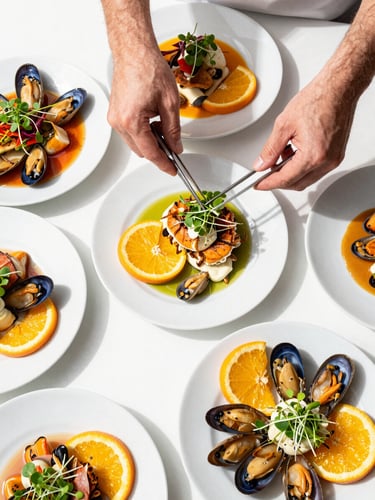 Overhead flat-lay of vibrant plated seafood dishes with bright citrus accents, active chef hands using tweezers to place microgreens, crisp natural daylight, sharp focus on clean white background