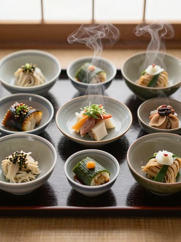 Overhead flat-lay of a traditional Japanese lacquer tray with small ceramic bowls containing temple-style vegetarian dishes, delicate steam rising, soft window light