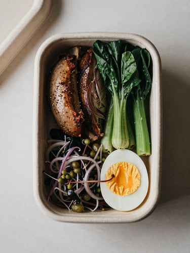 Overhead flat-lay of a beautifully styled bento box on textured ceramic, soft natural daylight, muted earth tones