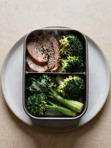 Overhead flat-lay of a warm, beautifully arranged bento box on a textured ceramic plate, soft natural overcast daylight, steam gently rising, muted earth tones with rich green accents