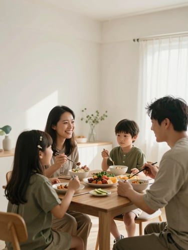 Candid shot of a happy family dining together in a bright, modern minimalist dining room, soft morning light, warm tones