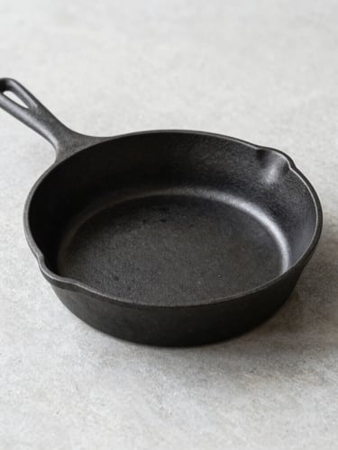Minimalist raw cast iron skillet on a clean concrete countertop, bright diffused daylight, sharp focus, 50mm lens