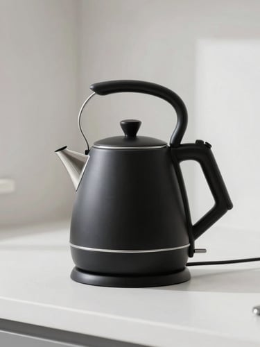 Minimalist matte black electric kettle on a stark white kitchen counter, bright natural diffused daylight, sharp focus, 50mm lens