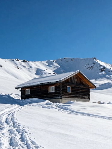 Vertical portrait of a lonely mountain patrol cabin surrounded by deep fresh powder snow, high-contrast crisp winter sun, 35mm