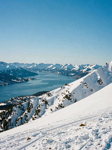 Wide environmental landscape of Cerro Catedral slopes on the right, sweeping view of Lake Nahuel Huapi in the background, crisp alpine winter sunlight, 35mm