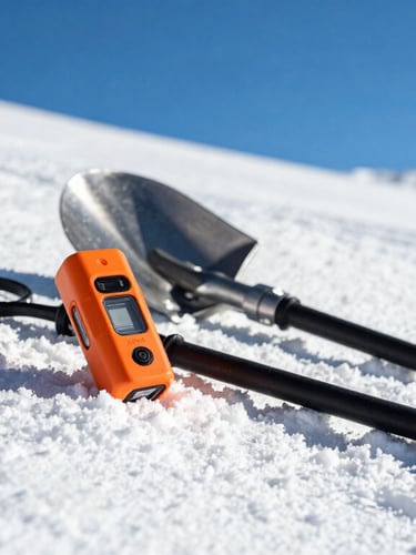 Crisp close-up of professional ski safety gear, an orange ARVA beacon, a metal shovel, and a folded probe lying on fresh powder snow under high-altitude winter sun, 35mm.