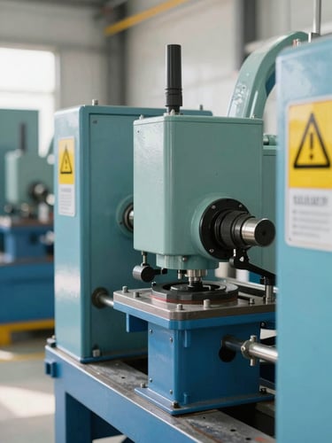 Close-up of industrial machinery and structured factory floor with safety indicators, bright natural light, crisp 35mm lens