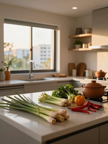 Wide editorial shot of a clean HDB home kitchen interior at golden hour, afternoon light streaming through a sliding window, a neatly arranged counter with fresh ingredients — lemongrass, chillies, a clay pot — no people visible, shallow depth of field on the foreground vegetables, background shelves softly blurred