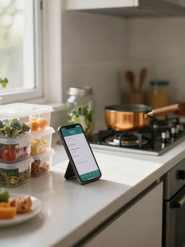 Wide environmental shot of a clean HDB home kitchen, afternoon light through a narrow window illuminating a tidy counter with stacked containers of prepped ingredients, a phone propped against a jar showing an order notification, shallow depth of field with the phone in focus and the stovetop warmly blurred behind