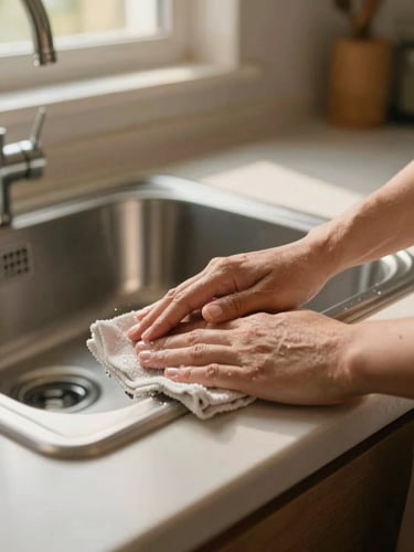 Close-up documentary shot of hands wiping down a home kitchen counter with a clean cloth under warm golden window light, the stainless steel sink gleaming in the background, shallow depth of field, authentic and unhurried