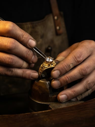 Macro shot of a skilled artisan's hands meticulously setting a brilliant stone into a gold jewelry piece, dramatic golden rim light, deep obsidian and gold tones, macro lens, focused on intricate detail, dark background, side-lit.