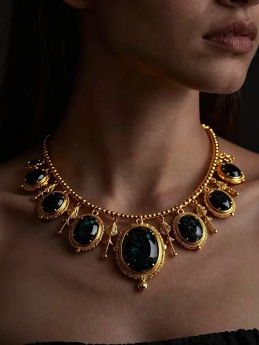 Close-up portrait of a female model wearing an ornate artificial gold necklace, dramatic side lighting, subtle golden rim lights, deep charcoal background, focused on the intricate metalwork and stone setting, low-key jewelry photography.