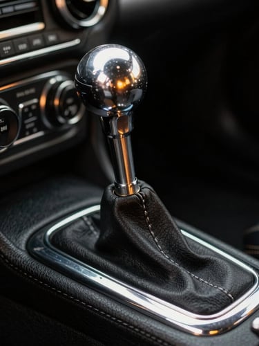 Macro shot of a vintage gated manual shifter in a classic sports car, warm golden light reflecting on polished chrome and black leather, minimalist dark background.