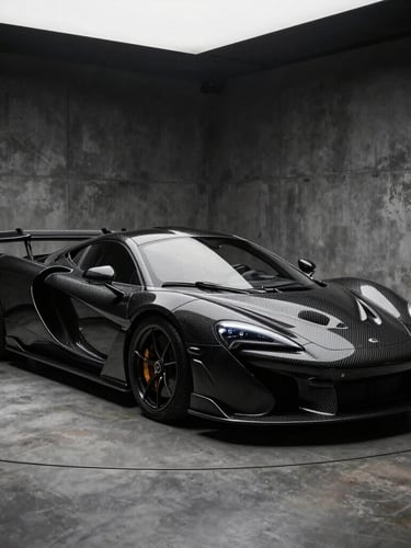 Dramatic low-key studio lighting reflecting off the carbon-fiber curves of a rare black supercar in a minimalist dark concrete showroom, absolute focus on mechanical contours, elegant atmosphere.