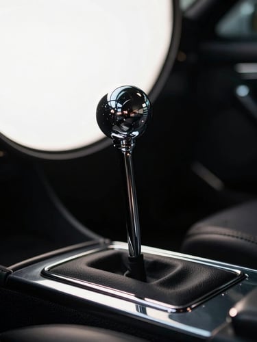 Dramatic close-up of a polished chrome gated manual shifter in a vintage Italian sports car, soft-box studio lighting, deep obsidian shadows, high contrast, museum aesthetic