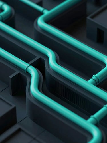 Extreme close-up of a 3D BIM model showing complex MEP piping layouts, dramatic low-key lighting with neon cyan and deep obsidian tones, crisp architectural detail