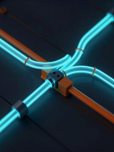 Extreme close-up of a 3D digital MEP model, glowing cyan conduits and orange structural beams intersecting with millimeter precision, dark obsidian background