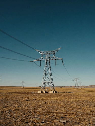 Wide-angle cinematic shot of high-voltage transmission towers cutting across the vast Mongolian steppe under crisp high-contrast sunlight, 35mm
