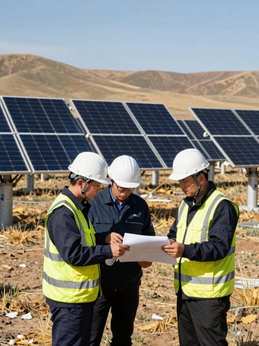 High-visibility gear engineers reviewing blueprints on-site with massive solar arrays stretching across the dry Mongolian hills in the background, 35mm