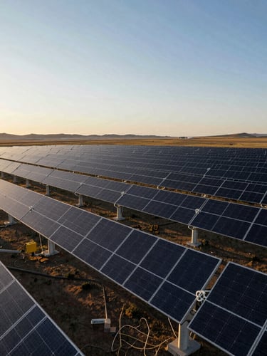 Wide-angle environmental shot of massive solar arrays stretching across the Mongolian steppe at golden hour, low horizon, cinematic 35mm lens