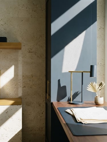 Architectural crop of a high-end Sarasota workspace, clean geometric shadows on limestone, bright natural Florida daylight, desaturated navy tones, 35mm lens