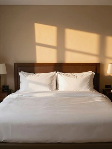 Straight-on medium shot of a neatly made deluxe hotel bed with crisp white linens, warm golden-hour window light reflecting on beige walls, professional hotel photography