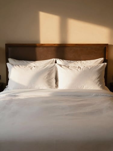 Straight-on medium shot of a Deluxe Room bed with crisp white linens, fluffy pillows, soft golden-hour window light, warm beige and brown tones
