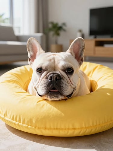 Close-up of a happy French Bulldog resting its chin on a beautiful, durable yellow pet accessory in a sunlit modern apartment.