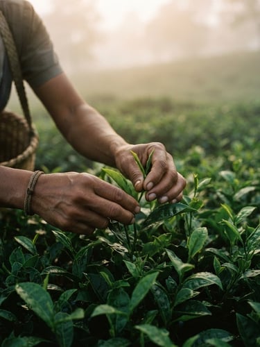 Close-up of hands gently plucking fresh tea leaves in a misty Assam tea garden at dawn, soft diffused light, deep forest greens and rich amber tones, shallow depth of field, 35mm
