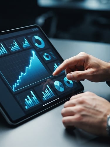 Sleek editorial photograph of a modern UI/UX dashboard displaying upward trend graphs and financial metrics, cool high-contrast studio lighting, deep charcoal and electric blue tones, sharp focus, 35mm, with hands subtly interacting with a tablet on the right side.