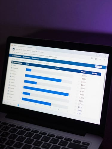 Cool-toned macro shot of a clean, high-fidelity digital dashboard showing college application tracking, progress bars, and verified NAAC grades, soft purple ambient backlighting.