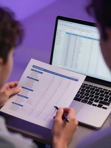 Over-the-shoulder view of a student analyzing a clean dashboard with salary charts and course comparison cards on a modern laptop, cool violet ambient backlight.