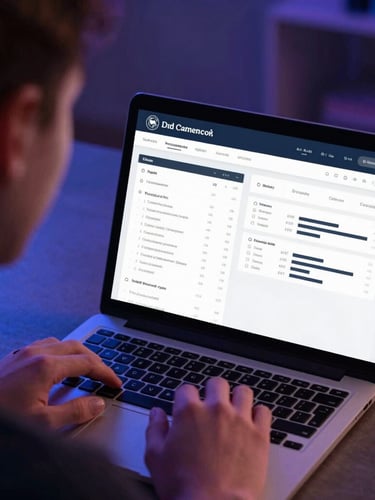 A tight, over-the-shoulder view of a student analyzing a clean, dark-mode college comparison dashboard on a laptop. Cool blue and purple ambient backlighting, crisp UI elements visible.
