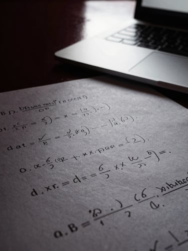 High-contrast chiaroscuro close-up of handwritten mathematical proofs on textured paper next to a modern laptop screen, dramatic window light, desaturated slate tones