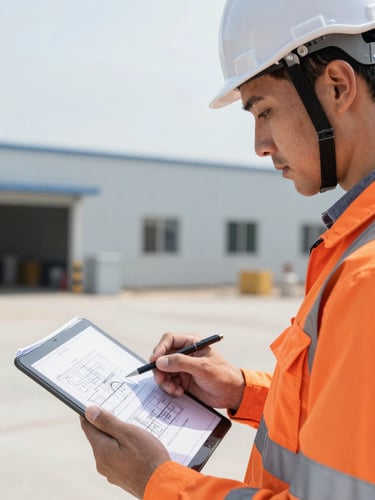 Close-up of a certified MEP engineer in a hard hat reviewing technical blueprints on a tablet, bright natural site lighting, industrial background.