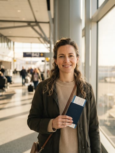 A calm traveler in a modern, sunlit airport terminal holding a passport and boarding pass, clean architectural lines, warm gold sunlight, shallow depth of field