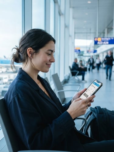 Bright natural airport terminal light, a calm traveler looking at a mobile boarding pass, reassuring cool blue tones, shallow depth of field.