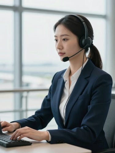 Professional travel assistance agent with a headset working in a clean, modern, high-trust corporate office, soft natural daylight, professional logistics environment
