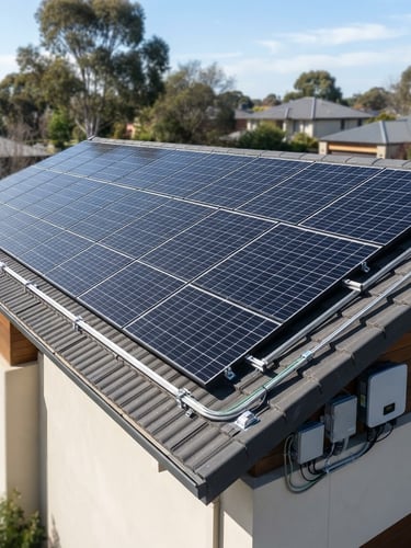 Modern photovoltaic system on a residential roof, sharp focus on the clean lines of the panels and the roof structure under bright natural daylight, crisp technical photography, 35mm.