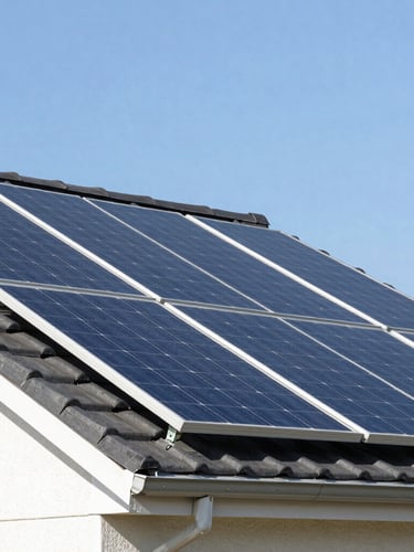 Crisp technical photography of modern PV panels on a residential roof, bright natural daylight, sharp focus, low angle, showing clean installation and blue sky.