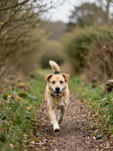 An active dog happily trotting along a quiet woodland trail in Oxfordshire, soft overcast daylight, natural earthy greens, 35mm