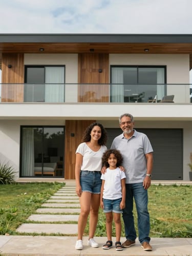 Elegant modern Brazilian residential architecture, soft natural window light, sand and warm concrete tones, clean lines, 35mm photography