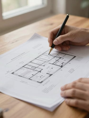 Close-up of hands reviewing architectural blueprints and official registry documents on a warm wooden table, soft natural window light, 35mm lens.