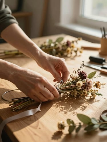 Ewelina's hands arranging dried flowers and greenery on a wooden studio worktable, close-up framing showing crimping wire and ribbon, golden-hour side-light through a nearby window casting warm shadows across the surface, craft materials scattered naturally around her hands